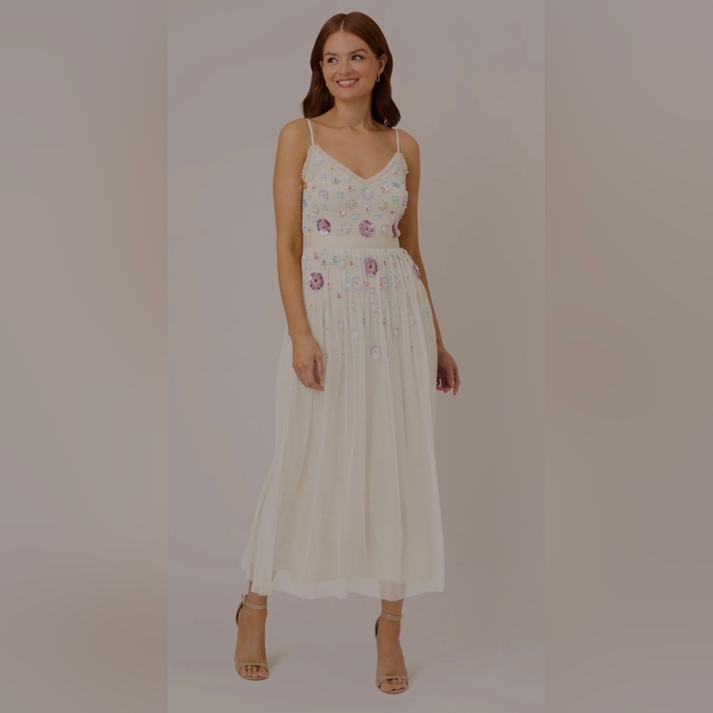 ADRIANNA PAPELL ANKLE-LENGTH GOWN WITH MULTICOLOR FLORAL BEADING IN IVORY MULTI